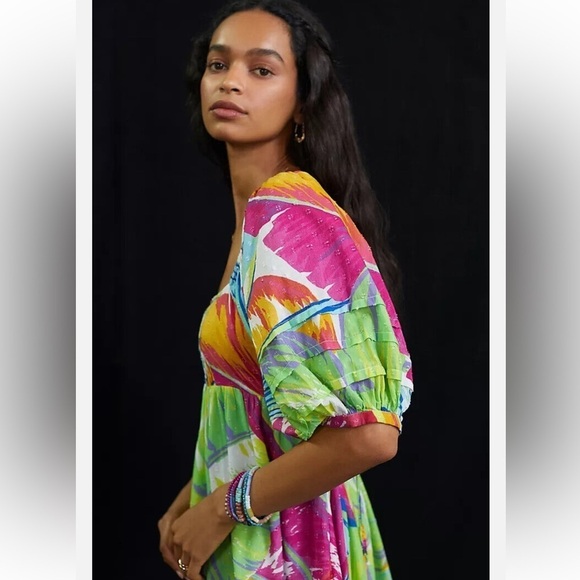 ANTHROPOLOGIE / FARM RIO Rainbow Leaves Open Back Midi Dress (M) - Picture 4 of 15